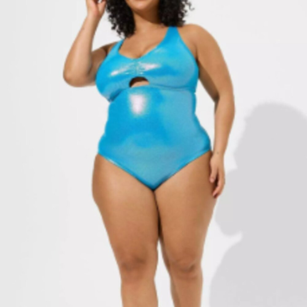 NWT Torrid Wireless Foil Keyhole Plunge One Piece Swimsuit Blue 2x